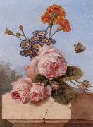 unknow artist Still life of roses,carnations and polyanthers in a terracotta urn,upon a stone ledge,together with a tortoiseshell butterfly oil painting